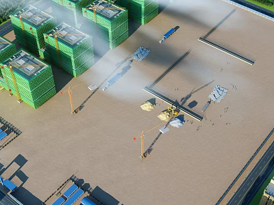 Industrial Factory Construction Site With Cranes Green Structures And Ground Equipment 3d model