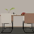 Wooden Dining Table Set With White And Brown Chairs Fruit Bowl Magazines And Plants