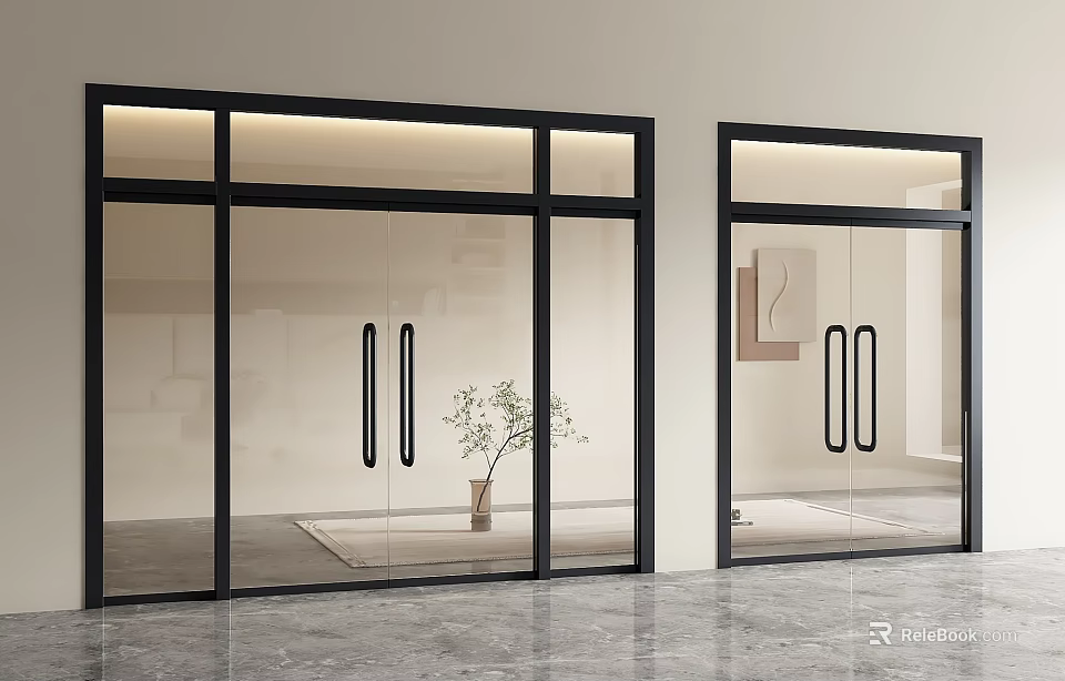 Modern Glass Double Doors With Black Frames And Marble Floor Interior 3d model