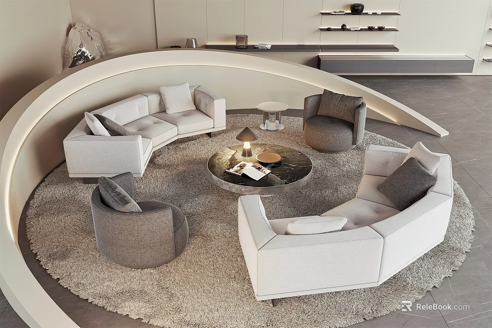 Elegant Modern Sofa and Coffee Table Set With Curved Design White Upholstery and Gray Chairs 3d model 