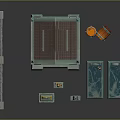 Teal Small Building With Brown Roof Spires Fence Tombstones And Barrel