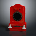Vintage Red Telephone Booth With Circular Black Window And White Horn Speakers