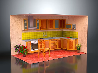 Cartoon Style Kitchen Scene With Wooden Cabinets Yellow Tile Backsplash And Potted Plants 3d model