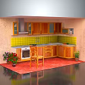 Cartoon Style Kitchen Scene With Wooden Cabinets Yellow Tile Backsplash And Potted Plants