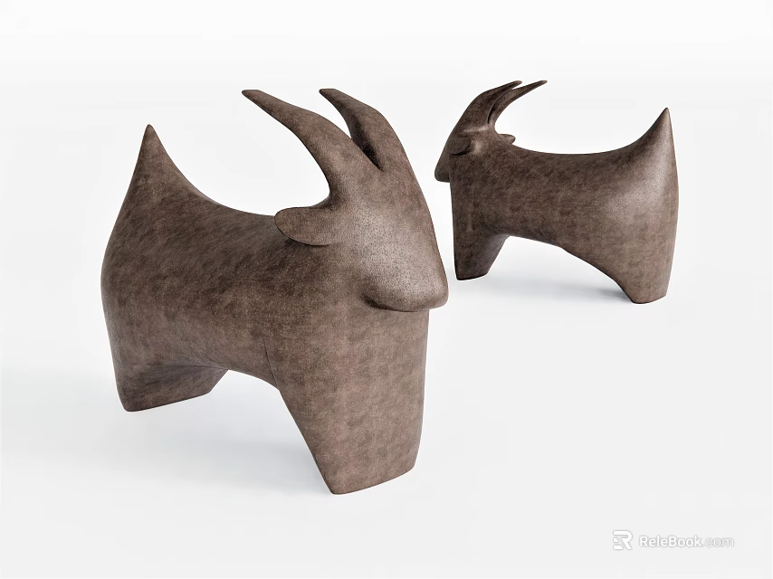 Two Brown Goat Head Shaped Wooden Sofa Stools For Home Decor 3d model