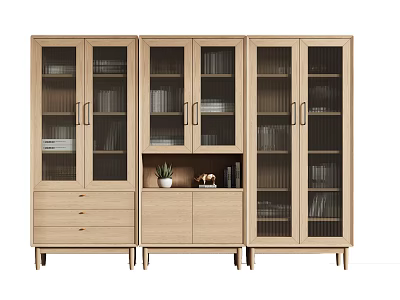 Modern Wooden Bookcase With Glass Doors Display Shelves And Storage For Books Decor Items 3d model