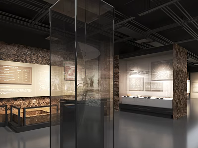 Museum Exhibition Hall Interior Featuring Glass Display Cases And Wall Exhibits 3d model