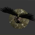 Man With Large Black Wings Holding Spear Standing On Stone Base