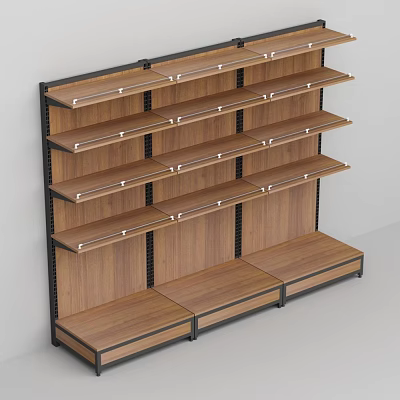 Modern Wooden Shelving Unit With Black Metal Frame And Multiple Display Layers 3d model