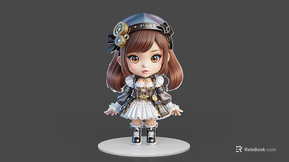 Chibi Game Movie Character with Brown Hair Hat Steampunk Outfit White Dress and Black Boots 3d model 