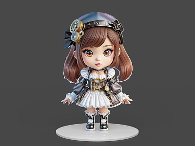 Chibi Game Movie Character with Brown Hair Hat Steampunk Outfit White Dress and Black Boots 3d model