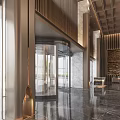 Modern Hotel Lobby With Wooden Slat Panels Marble Wall And Relief Mural
