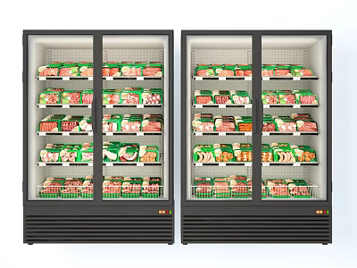 Commercial Double Door Display Freezers With Glass Doors And Packaged Foods On Multiple Shelves 3d model