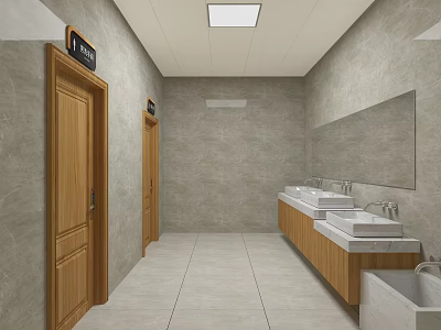 Modern Spacious Public Toilet Interior With Marble Tiles Wooden Doors And Multiple Wash Basins 3d model