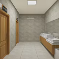 Modern Spacious Public Toilet Interior With Marble Tiles Wooden Doors And Multiple Wash Basins