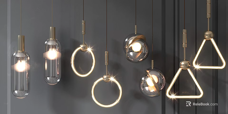 Modern Illuminated Pendant Lights With Bottle Circular Spherical Triangular Shapes And Metallic Glass Design 3d model 