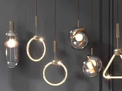 Modern Illuminated Pendant Lights With Bottle Circular Spherical Triangular Shapes And Metallic Glass Design 3d model