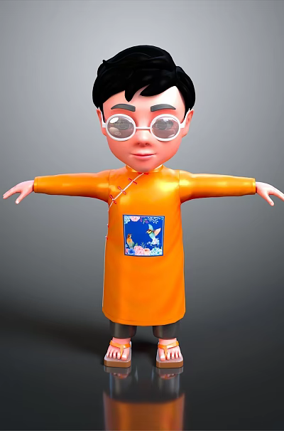 Man Wearing Orange Robe With Glasses Blue Badge On Chest Arms Outstretched 3d model