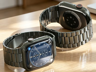 Modern Smartwatch With Metal Strap And Digital Clock Display On Wooden Table 3d model