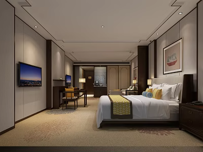 Hotel Room Interior With King Bed Sofa Flat Screen TV And Decorative Painting 3d model