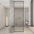 Modern Entryway Design With Marble Wall Linear Lighting Green Plant Floating Shelf And Doll Decoration