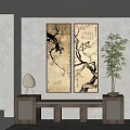 Vertical Plant Paintings On Wall With Bamboo Plant And Wooden Bench In Interior