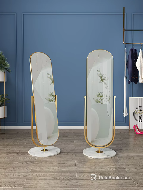 Gold Frame Floor Mirrors In Blue Wall Room With Plants Hanging Clothes And High Heels 3d model 