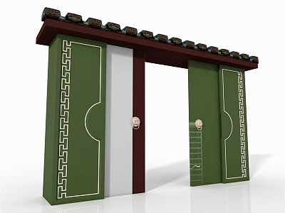 Traditional Chinese Gateway With Green Panels Tile Roof And Decorative Patterns 3d model