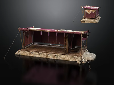 Traditional Style Tent With Wooden Structure Red Beige Fabric And Stone Base 3d model