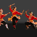 Group of Traditional Dancers Performing with Long Sticks in Red Costumes
