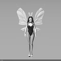 Female Character In Black Bodysuit With White Decorative Butterfly Wings 3D Render Gray Background