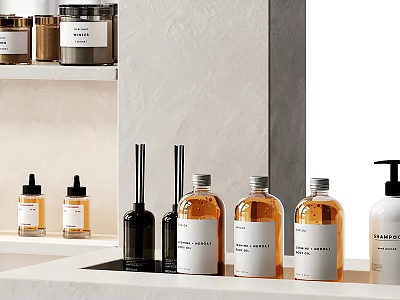 Daily Washing Products With Amber White Black Bottles On Countertop And Shelf 3d model