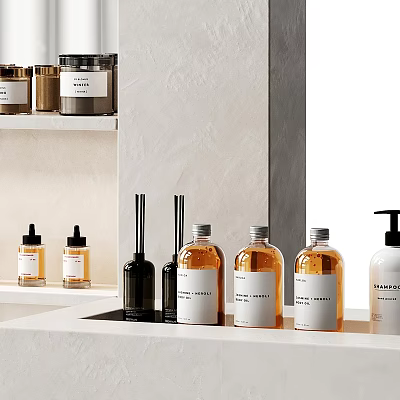 Daily Washing Products With Amber White Black Bottles On Countertop And Shelf 3d model