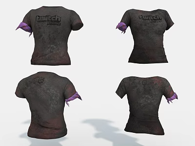 Black Pantheon Printed T shirt with Purple Sleeve Details and Distressed Design Four Angles View 3d model