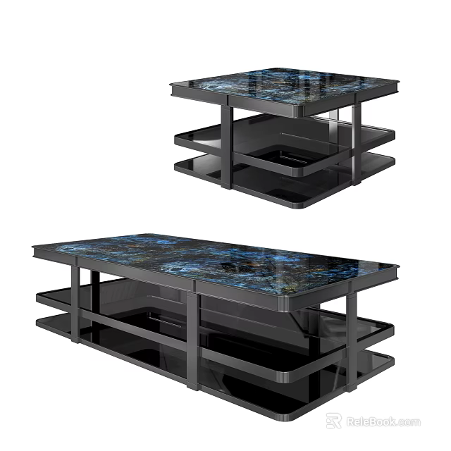 Modern Glass Top Coffee Table With Black Metal Frame And Storage Shelves 3d model 