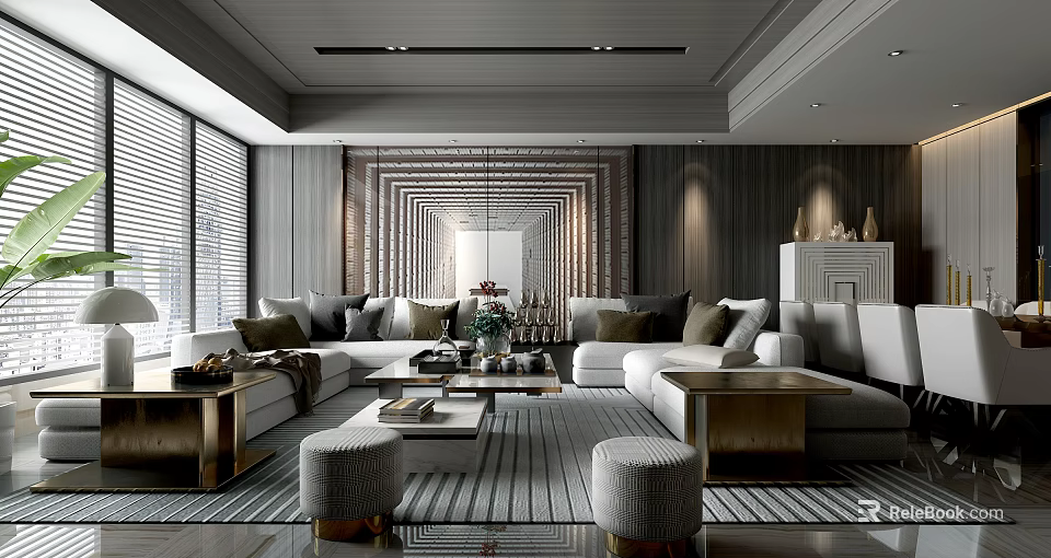 Modern Living Room Interior With Sofas Coffee Table Accent Wall Rug And Decorative Lighting 3d model