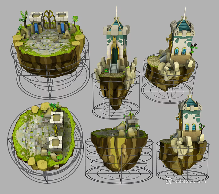 Decorative Ornament Set with Floating Island Designs Small Castles Green Vegetation and Stone Structures 3d model 