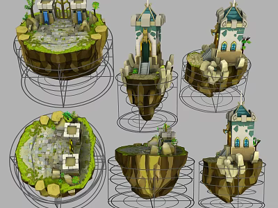 Decorative Ornament Set with Floating Island Designs Small Castles Green Vegetation and Stone Structures 3d model