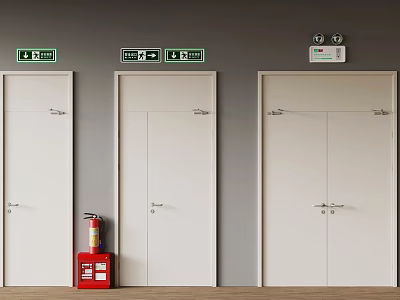 Building Safety Setup With White Doors Red Fire Extinguisher And Green Exit Signs 3d model
