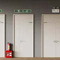 Building Safety Setup With White Doors Red Fire Extinguisher And Green Exit Signs