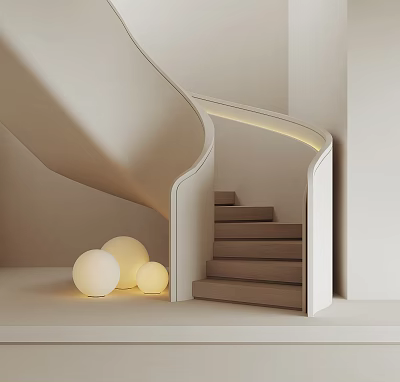 Modern Curved Stairs Interior Design With Light Colored Steps And Spherical Lamps 3d model