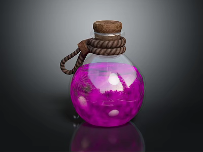 Transparent Round Glass Bottle With Cork Stopper Wrapped In Twine Rope And Pink Liquid 3d model