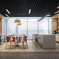 Modern Break Room with Green Wall Large Windows Tables Chairs Bar Counter and Coffee Machine