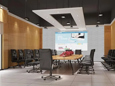 Modern Conference Room Interior With Long Table Black Office Chairs And Projector Screen 3d model