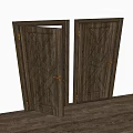 Dark Wooden Hinged Doors With Wood Grain Design And Golden Handles One Open One Closed