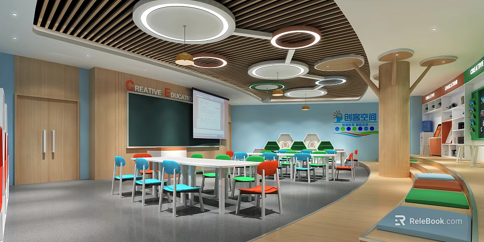 Innovative School Classroom Interior With Colorful Chairs And Tech Features 3d model