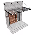 Modern Wooden Entrance Door With Glass Panel And Glass Canopy Over Concrete Wall Front Steps