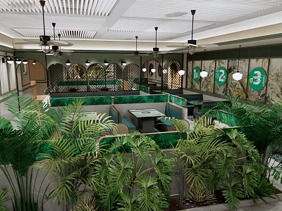 Modern Hotpot Restaurant Interior With Green Plants Seating Area And Decorative Lighting 3d model