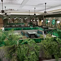 Modern Hotpot Restaurant Interior With Green Plants Seating Area And Decorative Lighting