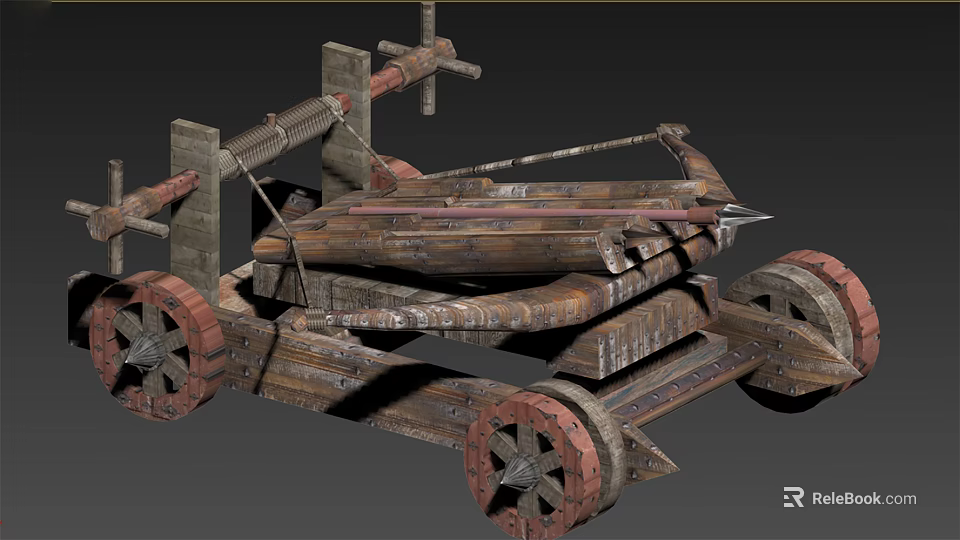 Ancient Wooden Siege Weapon With Wheeled Base Metal Components And Launch Mechanism 3d model 
